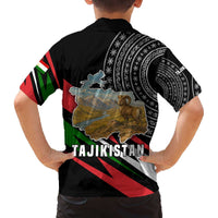 Tajikistan Marco Polo Sheep Family Matching Off The Shoulder Long Sleeve Dress and Hawaiian Shirt with Black Red Green Tribal Flag Pattern