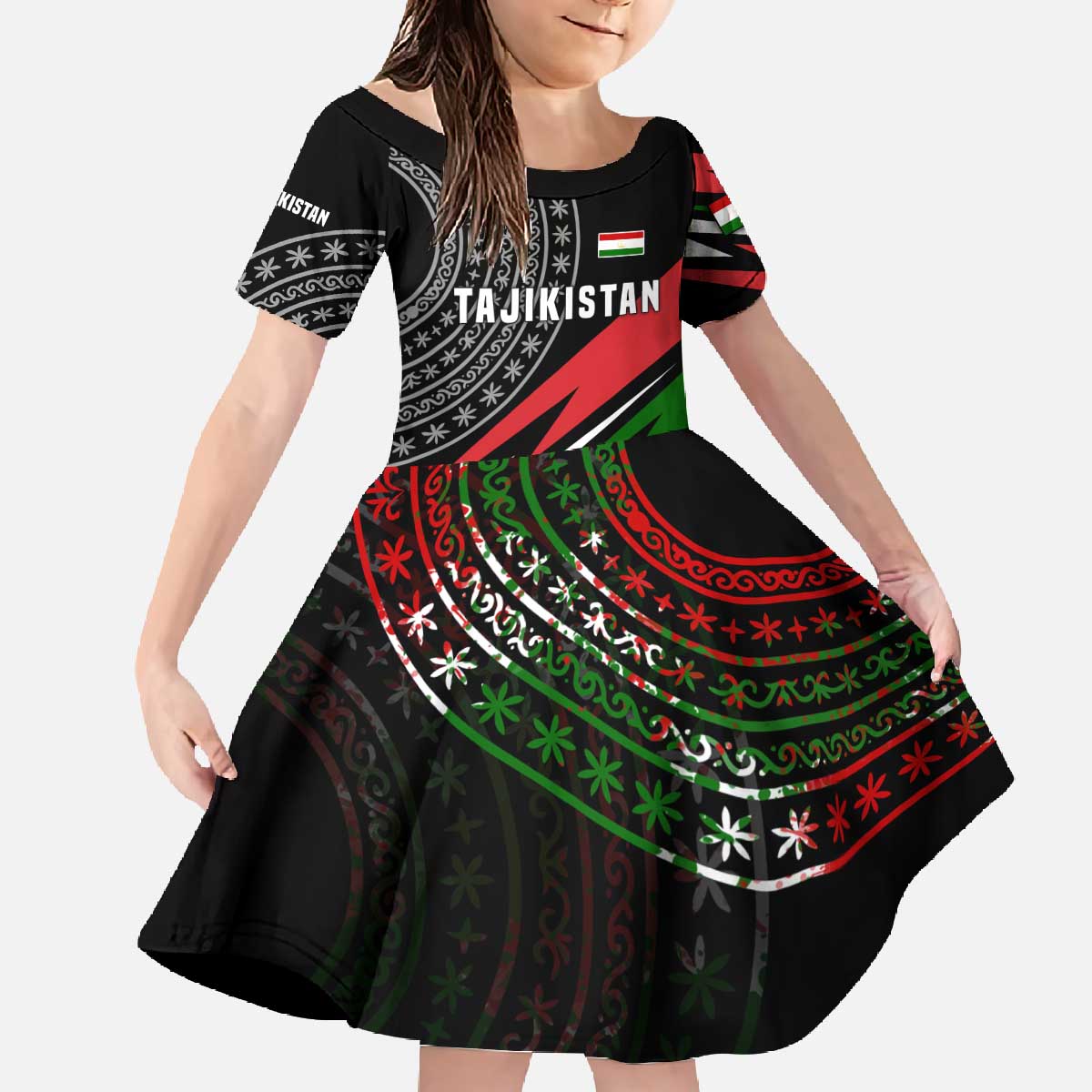 Tajikistan Marco Polo Sheep Family Matching Off The Shoulder Long Sleeve Dress and Hawaiian Shirt with Black Red Green Tribal Flag Pattern