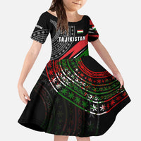 Tajikistan Marco Polo Sheep Family Matching Off The Shoulder Long Sleeve Dress and Hawaiian Shirt with Black Red Green Tribal Flag Pattern