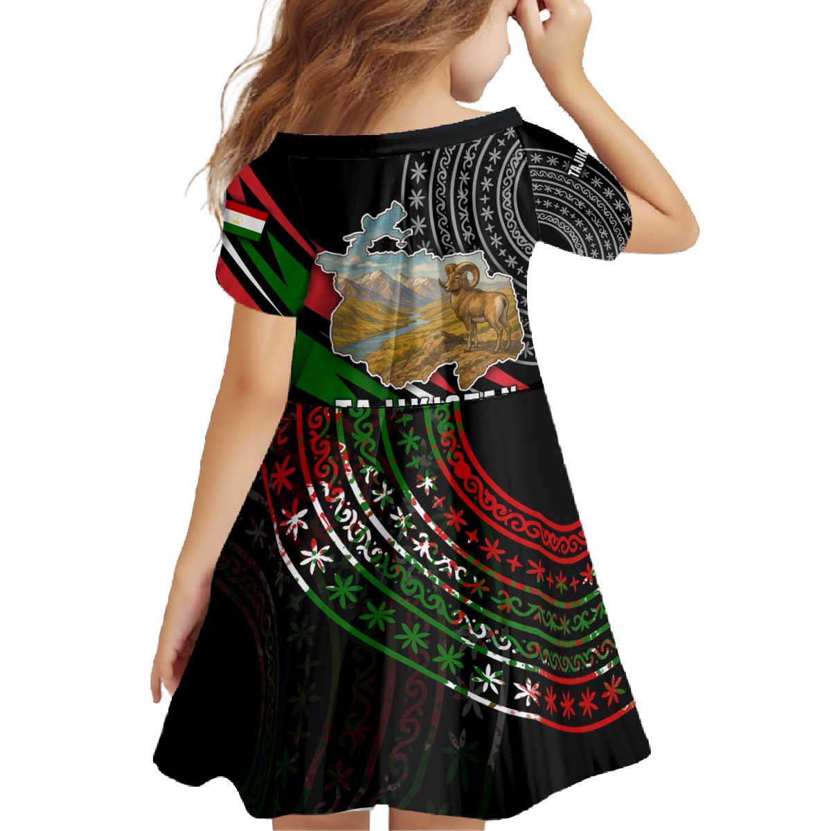 Tajikistan Marco Polo Sheep Family Matching Off The Shoulder Long Sleeve Dress and Hawaiian Shirt with Black Red Green Tribal Flag Pattern