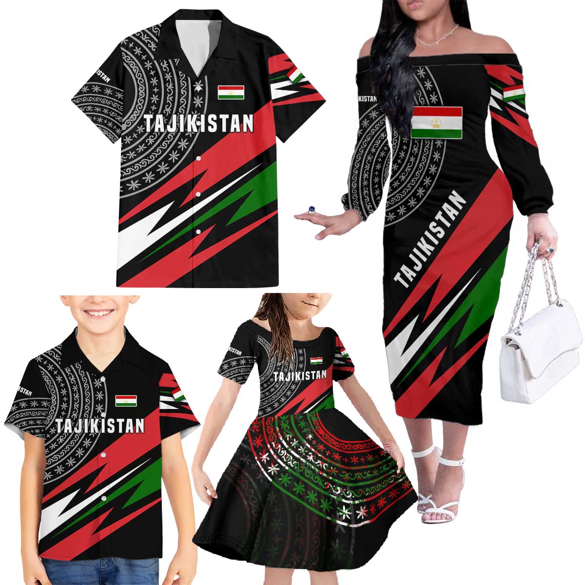 Tajikistan Marco Polo Sheep Family Matching Off The Shoulder Long Sleeve Dress and Hawaiian Shirt with Black Red Green Tribal Flag Pattern