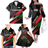 Tajikistan Marco Polo Sheep Family Matching Off The Shoulder Long Sleeve Dress and Hawaiian Shirt with Black Red Green Tribal Flag Pattern