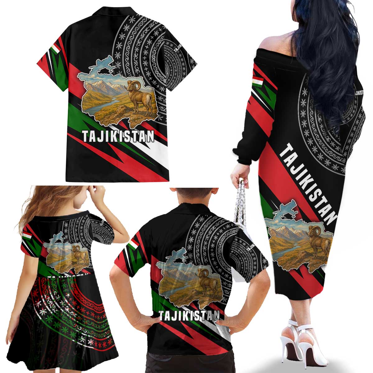 Tajikistan Marco Polo Sheep Family Matching Off The Shoulder Long Sleeve Dress and Hawaiian Shirt with Black Red Green Tribal Flag Pattern