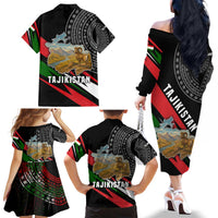 Tajikistan Marco Polo Sheep Family Matching Off The Shoulder Long Sleeve Dress and Hawaiian Shirt with Black Red Green Tribal Flag Pattern