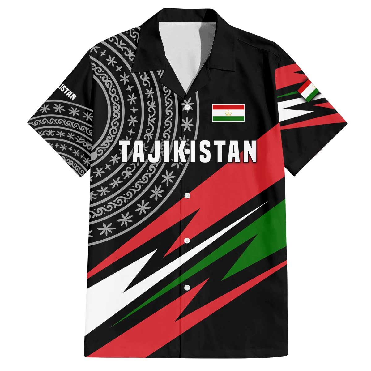 Tajikistan Marco Polo Sheep Family Matching Off The Shoulder Long Sleeve Dress and Hawaiian Shirt with Black Red Green Tribal Flag Pattern