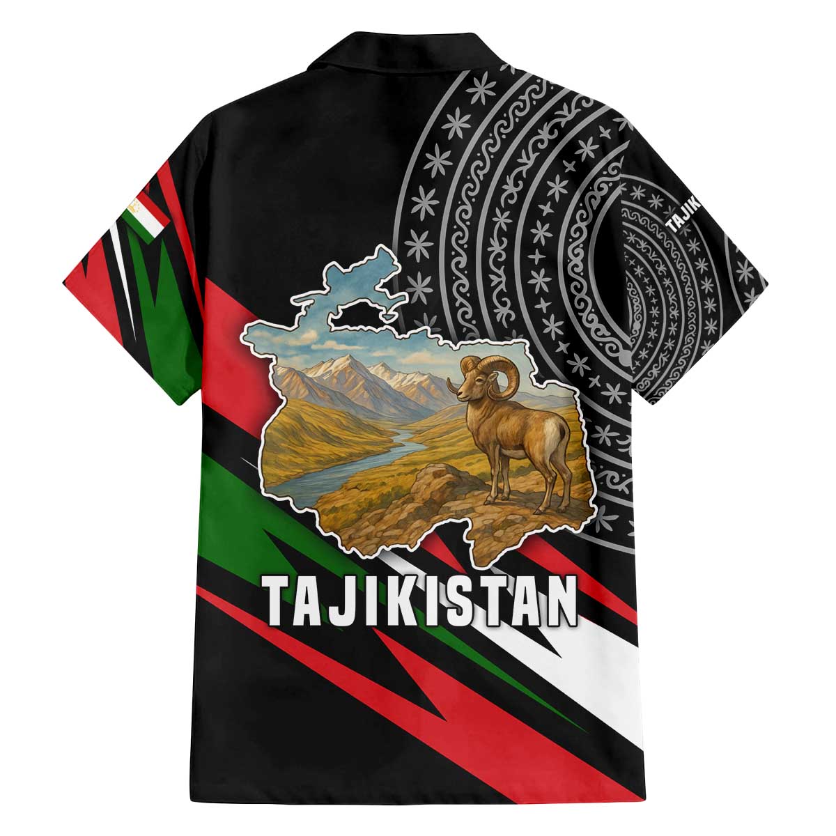 Tajikistan Marco Polo Sheep Family Matching Off The Shoulder Long Sleeve Dress and Hawaiian Shirt with Black Red Green Tribal Flag Pattern
