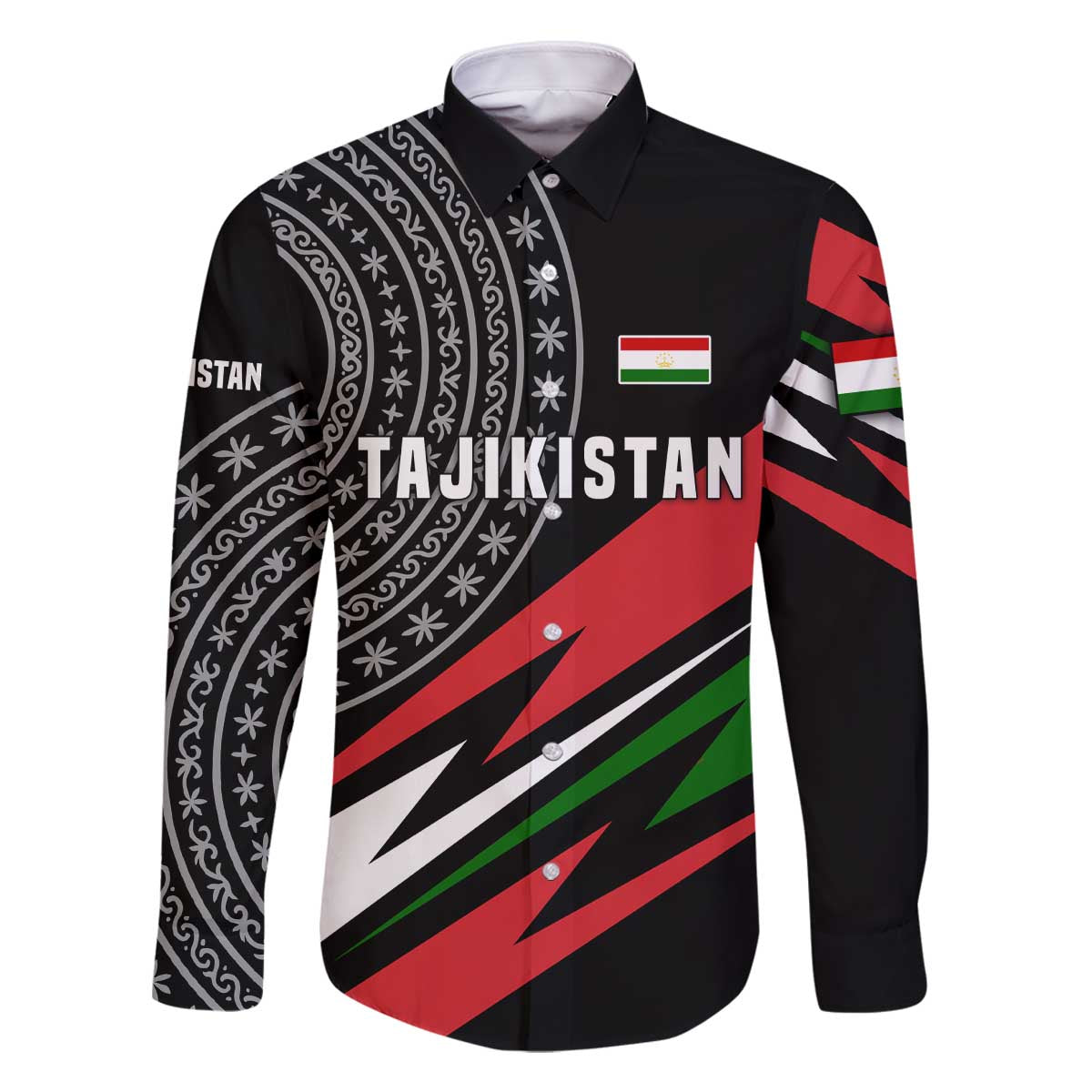 Tajikistan Marco Polo Sheep Family Matching Off The Shoulder Long Sleeve Dress and Hawaiian Shirt with Black Red Green Tribal Flag Pattern