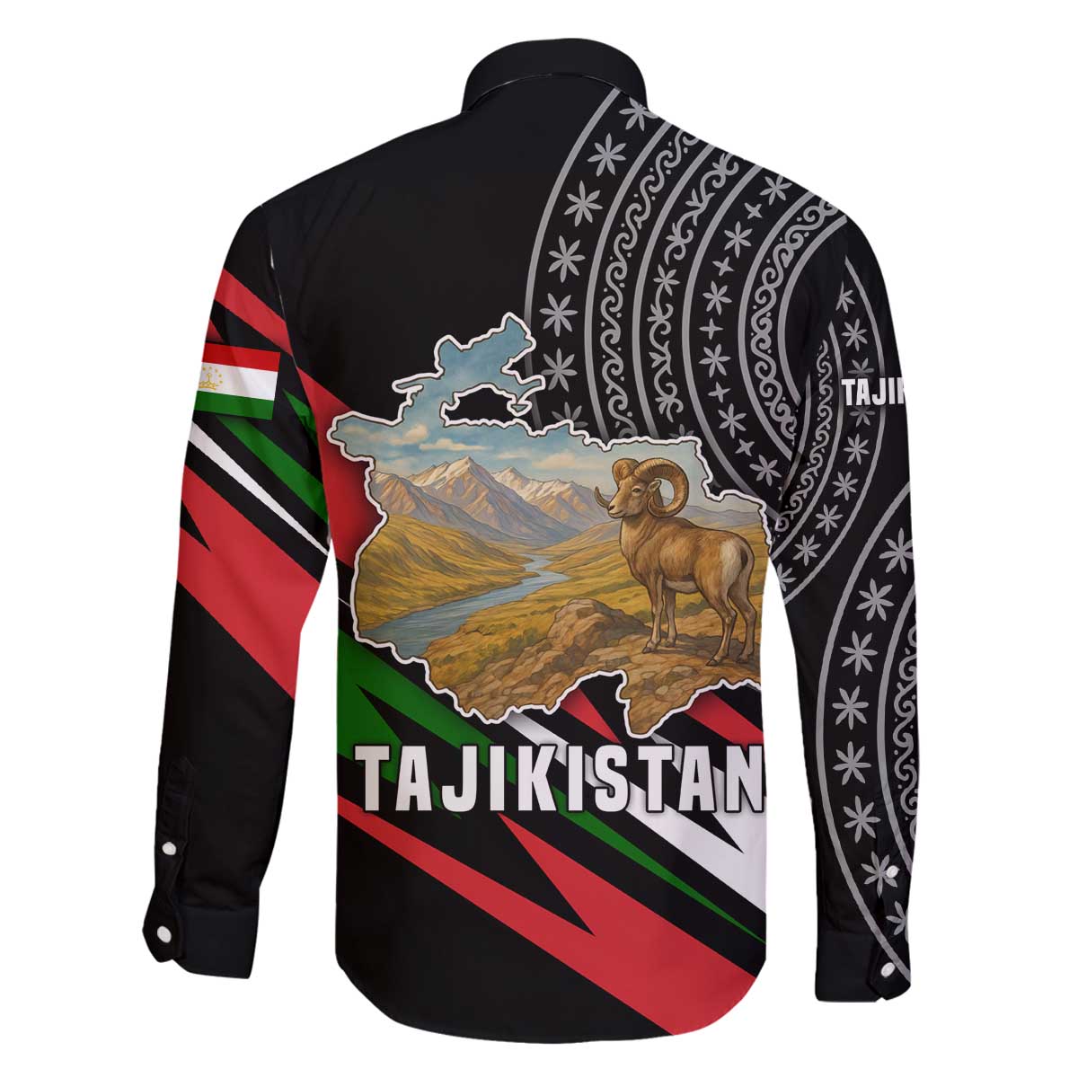 Tajikistan Marco Polo Sheep Family Matching Off The Shoulder Long Sleeve Dress and Hawaiian Shirt with Black Red Green Tribal Flag Pattern