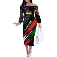 Tajikistan Marco Polo Sheep Family Matching Off The Shoulder Long Sleeve Dress and Hawaiian Shirt with Black Red Green Tribal Flag Pattern