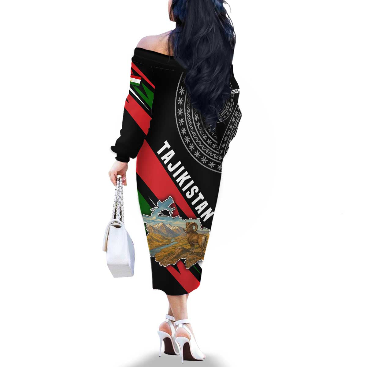 Tajikistan Marco Polo Sheep Family Matching Off The Shoulder Long Sleeve Dress and Hawaiian Shirt with Black Red Green Tribal Flag Pattern
