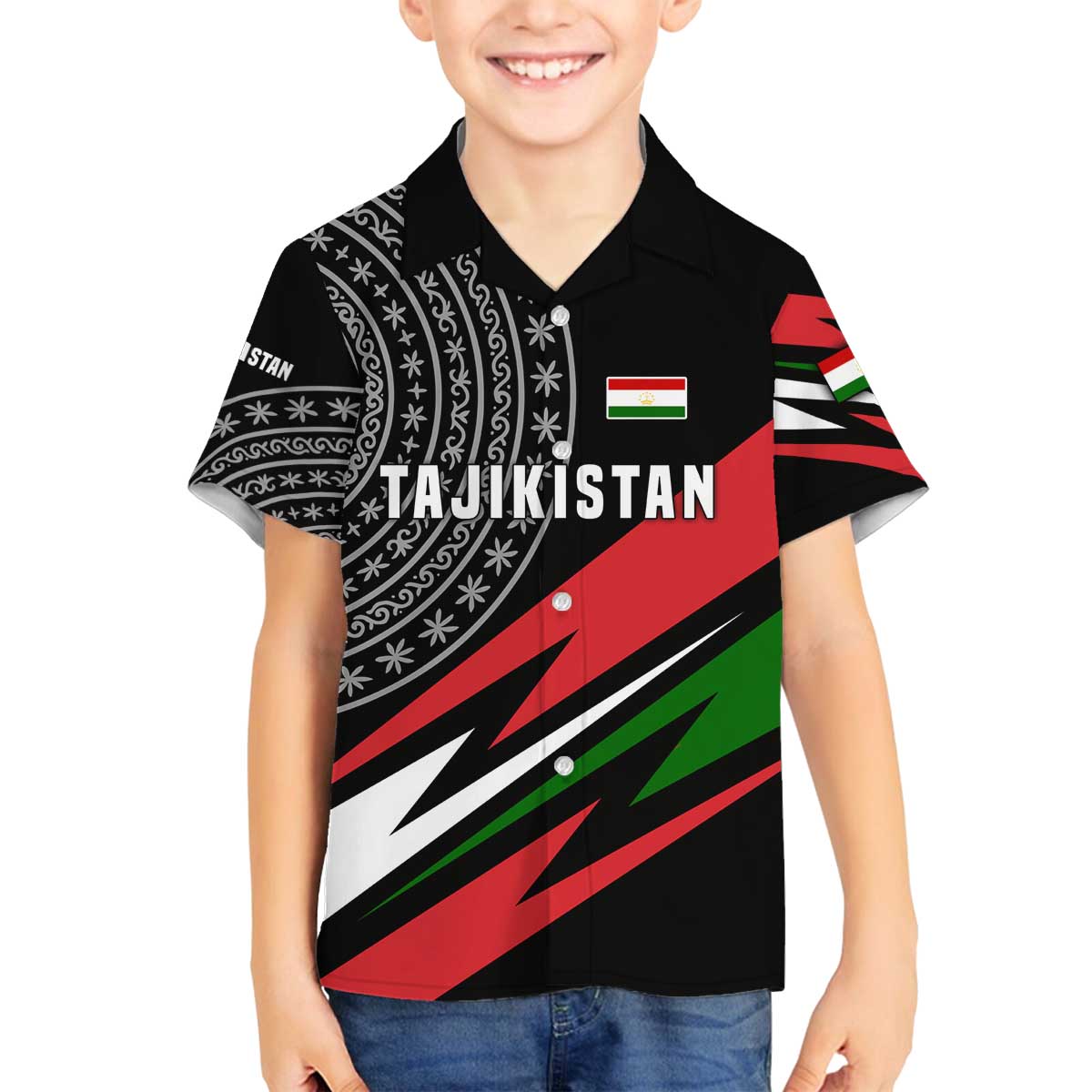 Tajikistan Marco Polo Sheep Family Matching Off The Shoulder Long Sleeve Dress and Hawaiian Shirt with Black Red Green Tribal Flag Pattern