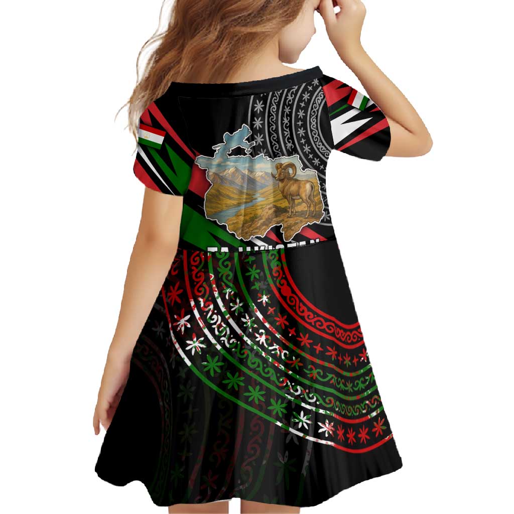 Tajikistan Marco Polo Sheep Family Matching Off Shoulder Maxi Dress and Hawaiian Shirt with Black Red Green Tribal Flag Pattern