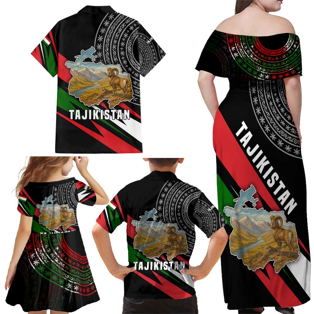 Tajikistan Marco Polo Sheep Family Matching Off Shoulder Maxi Dress and Hawaiian Shirt with Black Red Green Tribal Flag Pattern