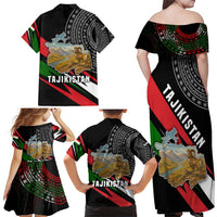 Tajikistan Marco Polo Sheep Family Matching Off Shoulder Maxi Dress and Hawaiian Shirt with Black Red Green Tribal Flag Pattern