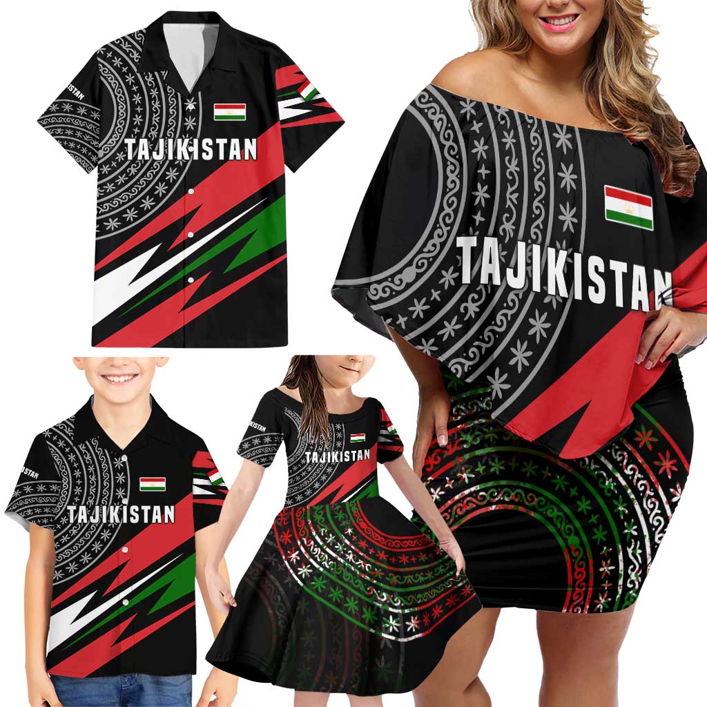 Tajikistan Marco Polo Sheep Family Matching Off Shoulder Short Dress and Hawaiian Shirt with Black Red Green Tribal Flag Pattern