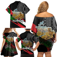 Tajikistan Marco Polo Sheep Family Matching Off Shoulder Short Dress and Hawaiian Shirt with Black Red Green Tribal Flag Pattern