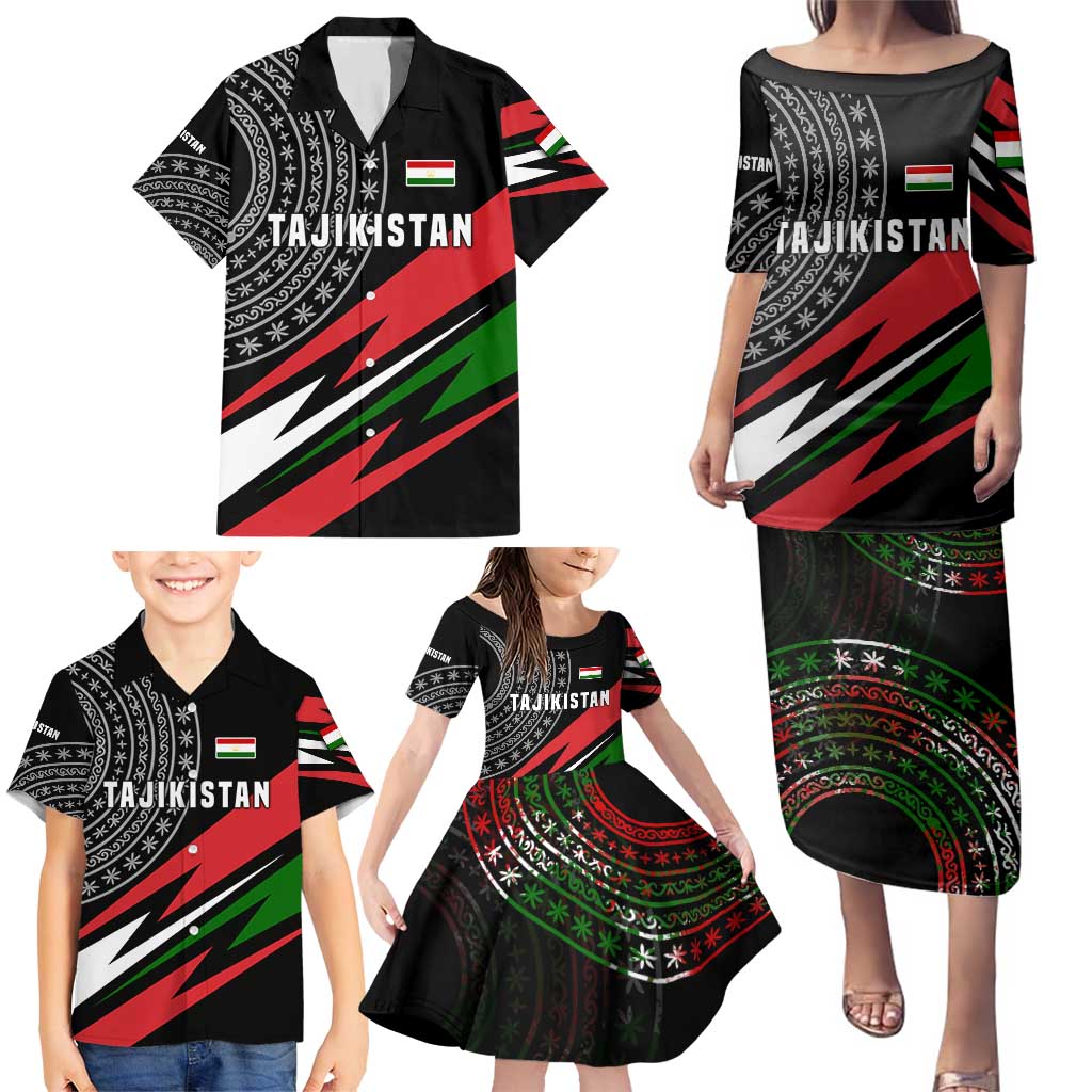 Tajikistan Marco Polo Sheep Family Matching Puletasi and Hawaiian Shirt with Black Red Green Tribal Flag Pattern