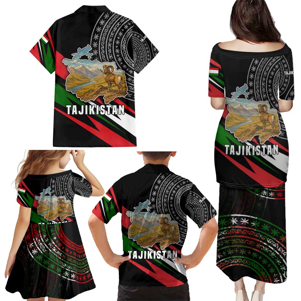 Tajikistan Marco Polo Sheep Family Matching Puletasi and Hawaiian Shirt with Black Red Green Tribal Flag Pattern