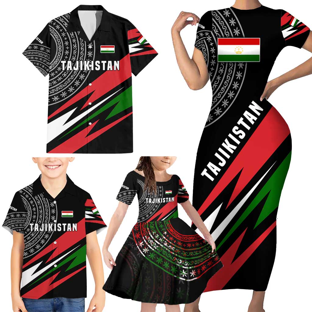 Tajikistan Marco Polo Sheep Family Matching Short Sleeve Bodycon Dress and Hawaiian Shirt with Black Red Green Tribal Flag Pattern