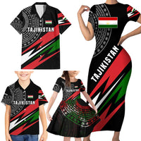 Tajikistan Marco Polo Sheep Family Matching Short Sleeve Bodycon Dress and Hawaiian Shirt with Black Red Green Tribal Flag Pattern