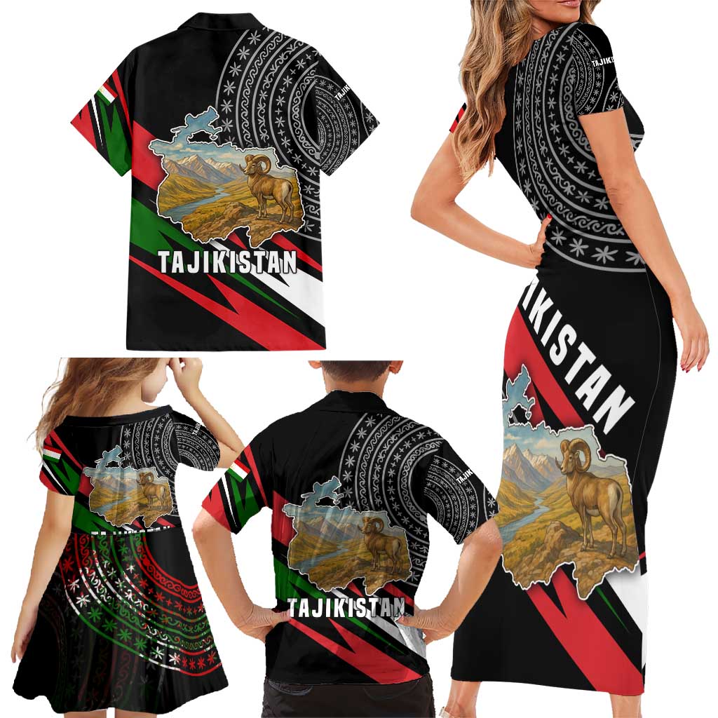 Tajikistan Marco Polo Sheep Family Matching Short Sleeve Bodycon Dress and Hawaiian Shirt with Black Red Green Tribal Flag Pattern