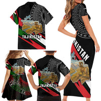 Tajikistan Marco Polo Sheep Family Matching Short Sleeve Bodycon Dress and Hawaiian Shirt with Black Red Green Tribal Flag Pattern