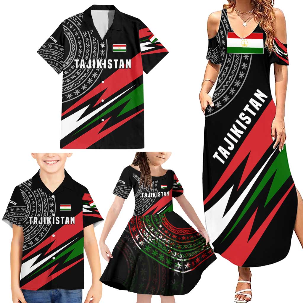 Tajikistan Marco Polo Sheep Family Matching Summer Maxi Dress and Hawaiian Shirt with Black Red Green Tribal Flag Pattern