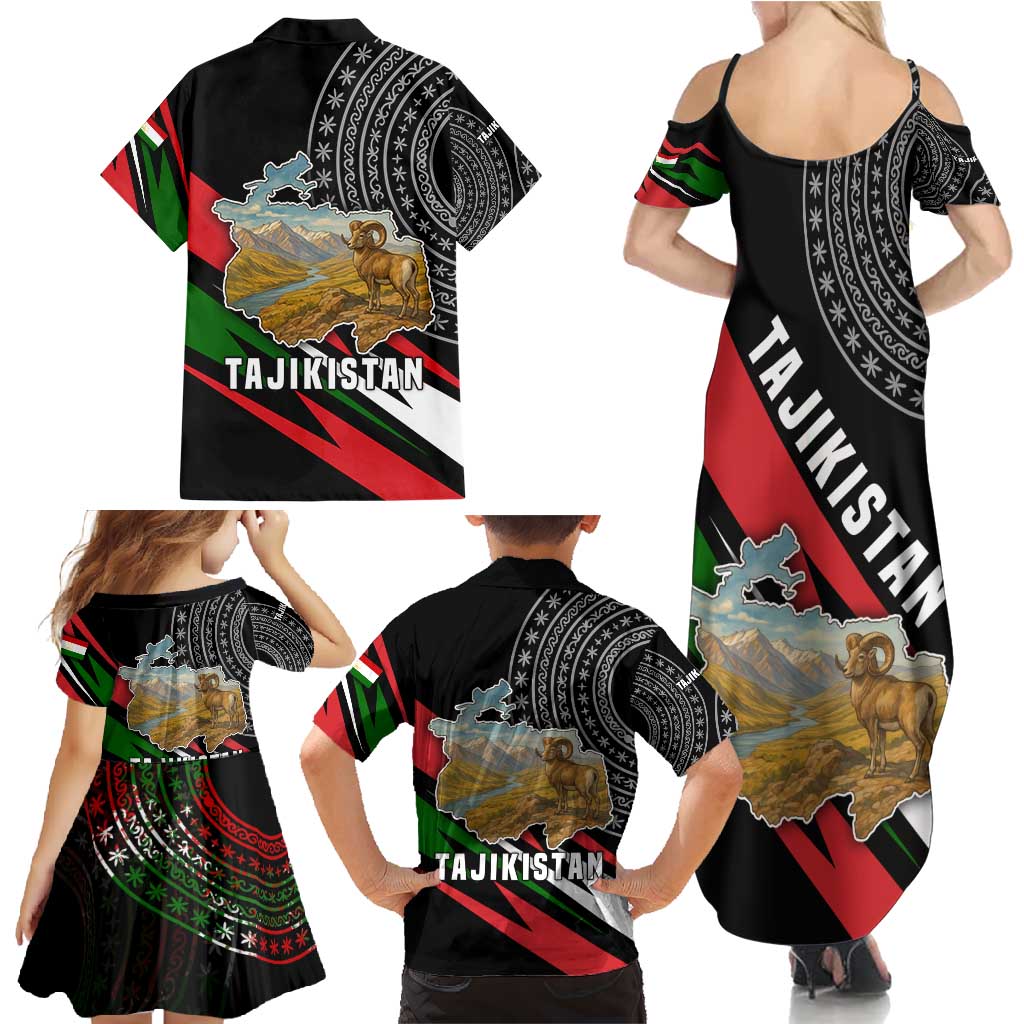 Tajikistan Marco Polo Sheep Family Matching Summer Maxi Dress and Hawaiian Shirt with Black Red Green Tribal Flag Pattern