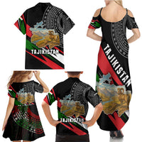 Tajikistan Marco Polo Sheep Family Matching Summer Maxi Dress and Hawaiian Shirt with Black Red Green Tribal Flag Pattern