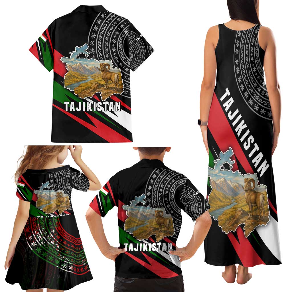 Tajikistan Marco Polo Sheep Family Matching Tank Maxi Dress and Hawaiian Shirt with Black Red Green Tribal Flag Pattern