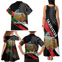 Tajikistan Marco Polo Sheep Family Matching Tank Maxi Dress and Hawaiian Shirt with Black Red Green Tribal Flag Pattern