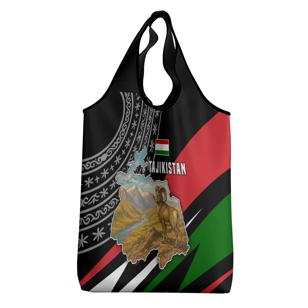 Tajikistan Marco Polo Sheep Grocery Bag with Black Red Green Tribal Flag Pattern