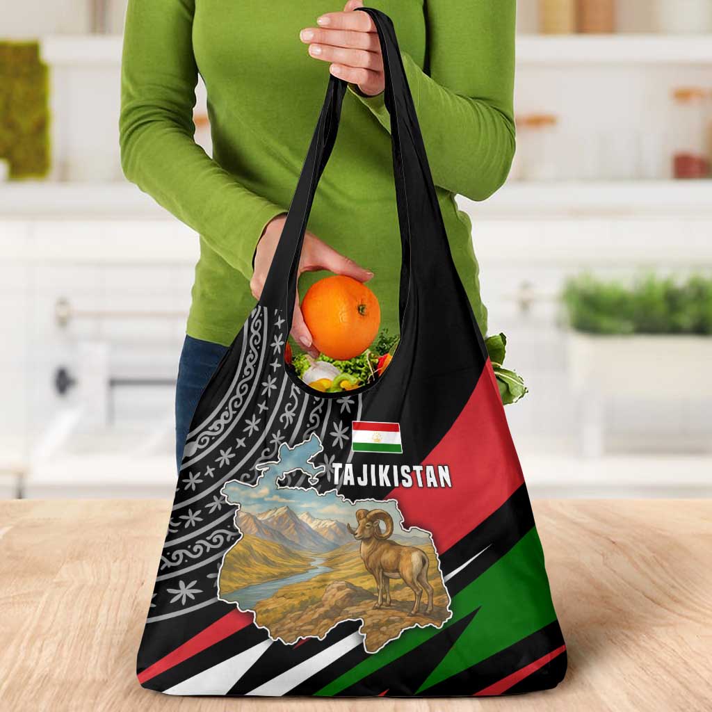 Tajikistan Marco Polo Sheep Grocery Bag with Black Red Green Tribal Flag Pattern