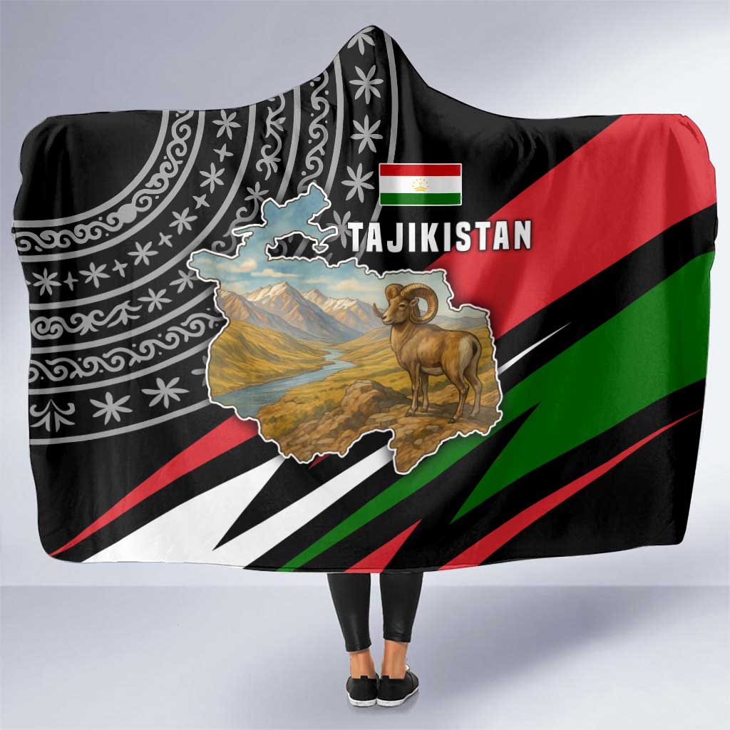 Tajikistan Marco Polo Sheep Hooded Blanket with Black Red Green Tribal Flag Pattern