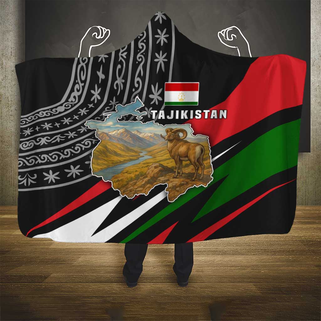 Tajikistan Marco Polo Sheep Hooded Blanket with Black Red Green Tribal Flag Pattern