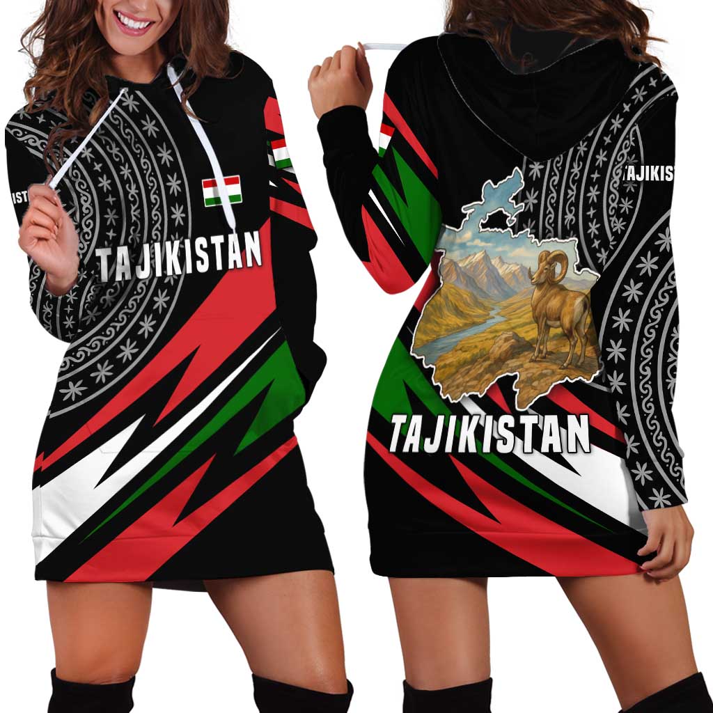 Tajikistan Marco Polo Sheep Hoodie Dress with Black Red Green Tribal Flag Pattern