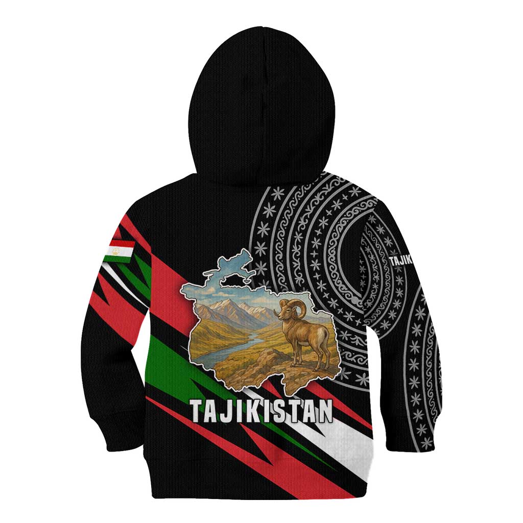 Tajikistan Marco Polo Sheep Kid Hoodie with Black Red Green Tribal Flag Pattern