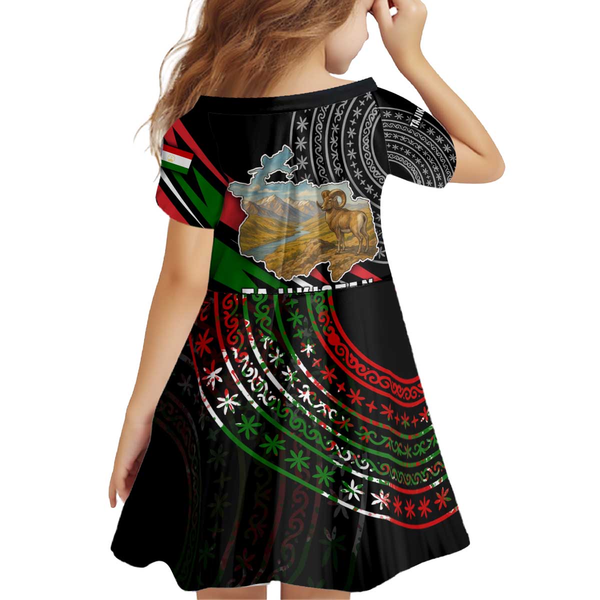 Tajikistan Marco Polo Sheep Kid Short Sleeve Dress with Black Red Green Tribal Flag Pattern