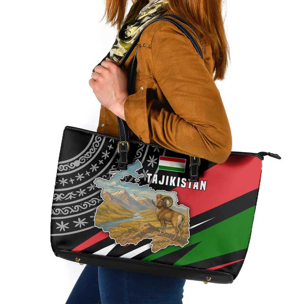 Tajikistan Marco Polo Sheep Leather Tote Bag with Black Red Green Tribal Flag Pattern