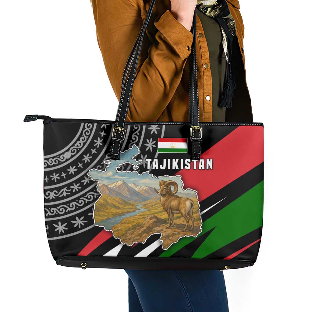 Tajikistan Marco Polo Sheep Leather Tote Bag with Black Red Green Tribal Flag Pattern