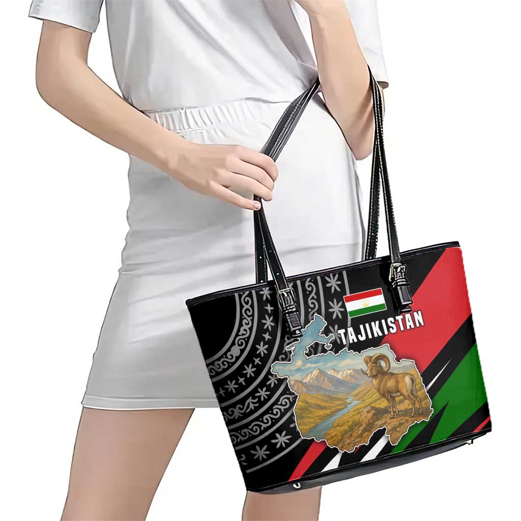 Tajikistan Marco Polo Sheep Leather Tote Bag with Black Red Green Tribal Flag Pattern