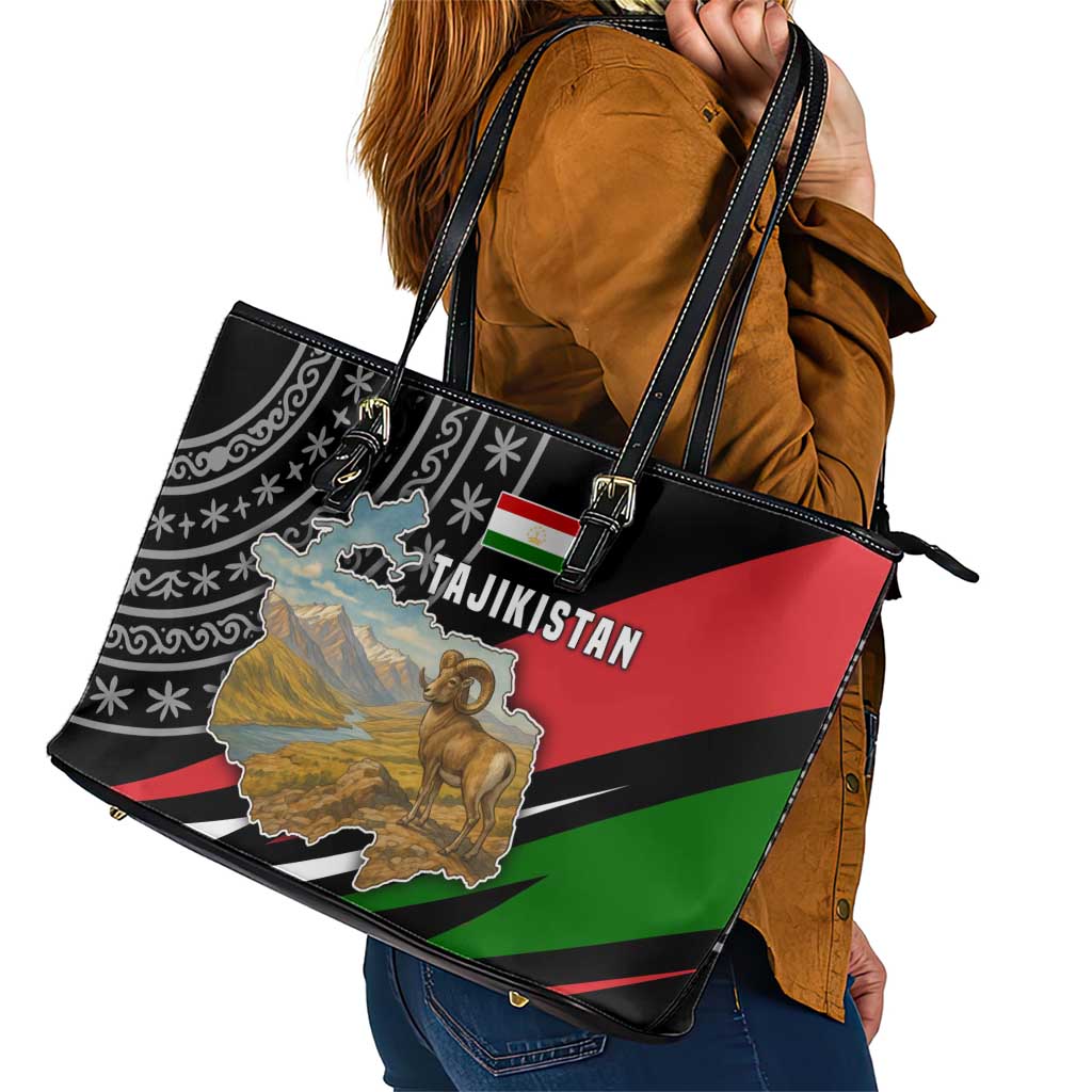 Tajikistan Marco Polo Sheep Leather Tote Bag with Black Red Green Tribal Flag Pattern