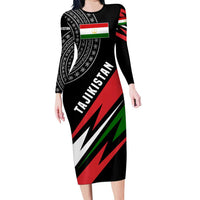 Tajikistan Marco Polo Sheep Long Sleeve Bodycon Dress with Black Red Green Tribal Flag Pattern