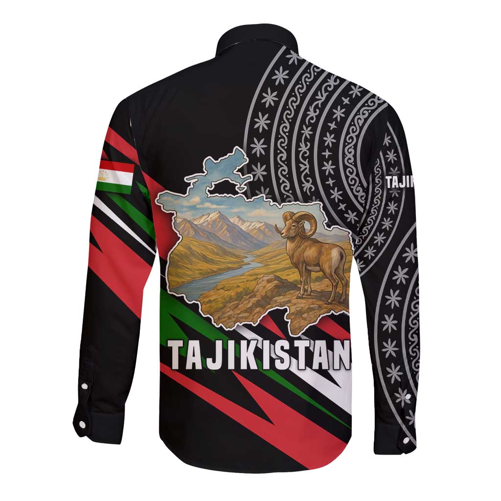 Tajikistan Marco Polo Sheep Long Sleeve Button Shirt with Black Red Green Tribal Flag Pattern