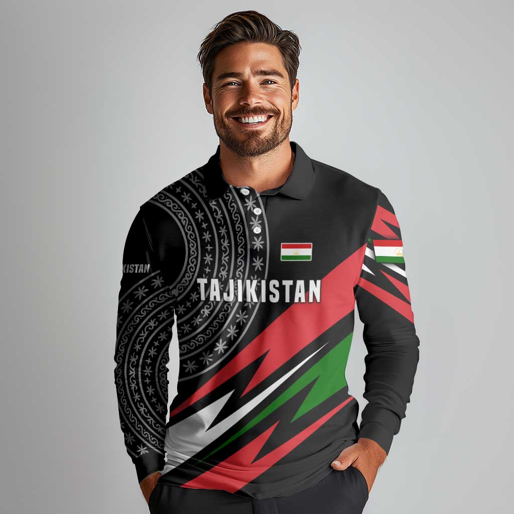 Tajikistan Marco Polo Sheep Long Sleeve Polo Shirt with Black Red Green Tribal Flag Pattern