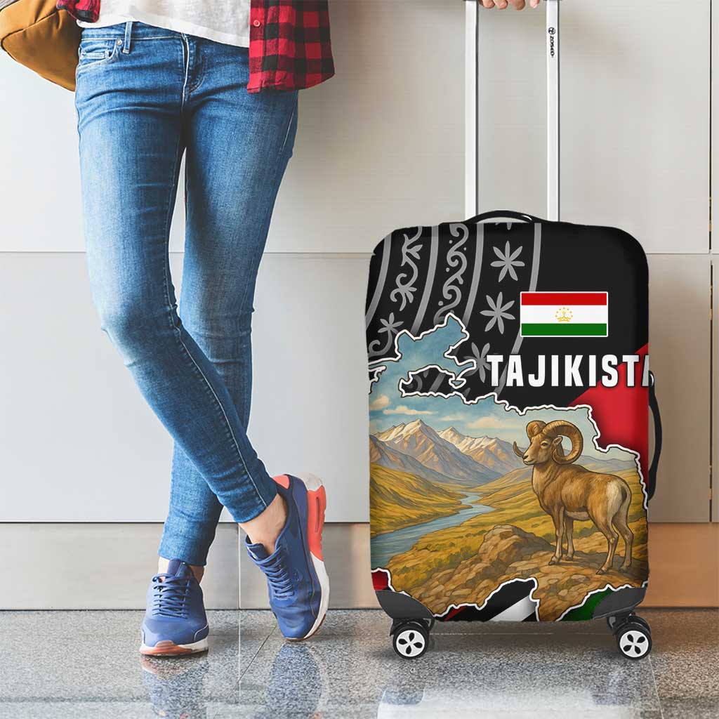 Tajikistan Marco Polo Sheep Luggage Cover with Black Red Green Tribal Flag Pattern