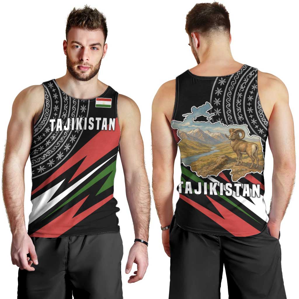 Tajikistan Marco Polo Sheep Men Tank Top with Black Red Green Tribal Flag Pattern
