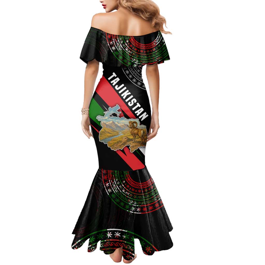 Tajikistan Marco Polo Sheep Mermaid Dress with Black Red Green Tribal Flag Pattern