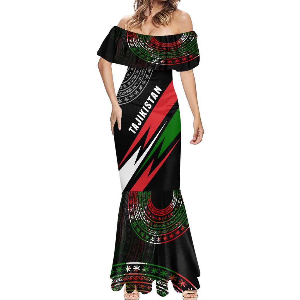 Tajikistan Marco Polo Sheep Mermaid Dress with Black Red Green Tribal Flag Pattern