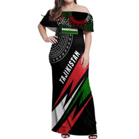Tajikistan Marco Polo Sheep Off Shoulder Maxi Dress with Black Red Green Tribal Flag Pattern